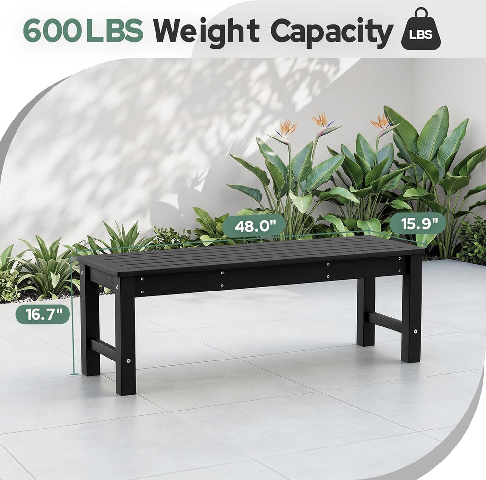 Psilvam 48” HDPE Outdoor Bench, 2-Person Backless Garden Bench, Black