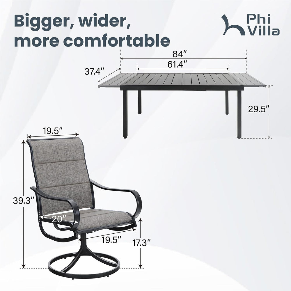 PHI VILLA Patio Dining Set for 8 w/ Expandable Table & Padded Swivel Chairs
