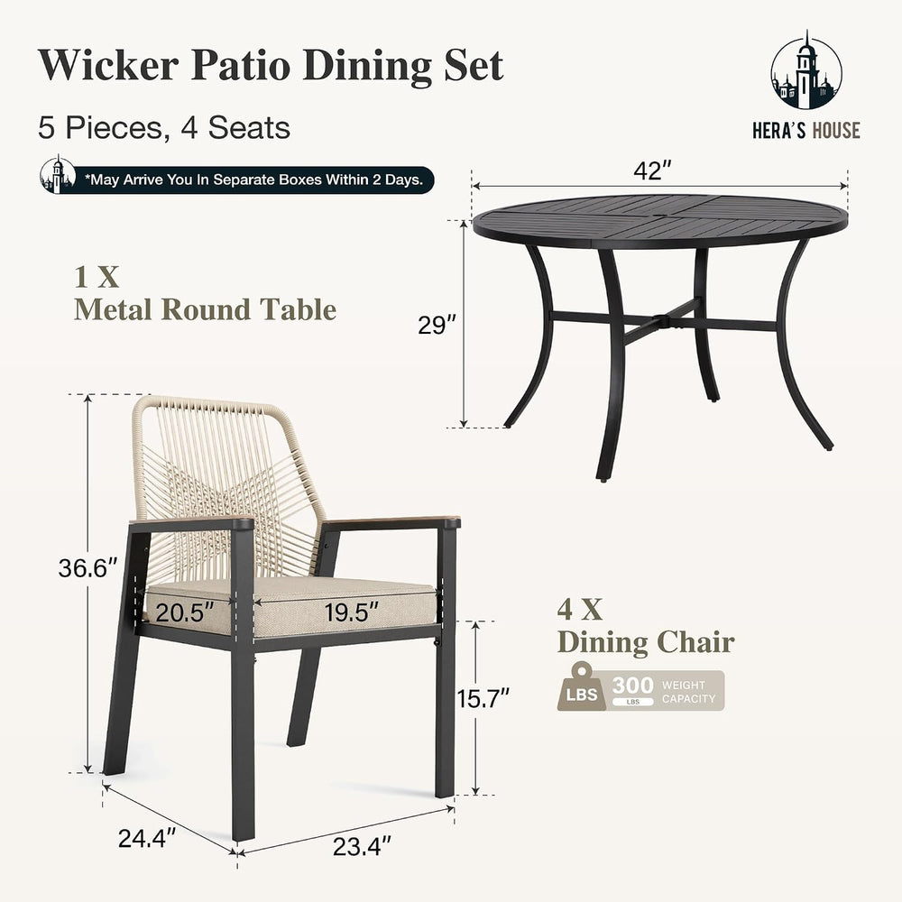 5pc Patio Dining Set, 42" Round Table & 4 Rattan Chairs