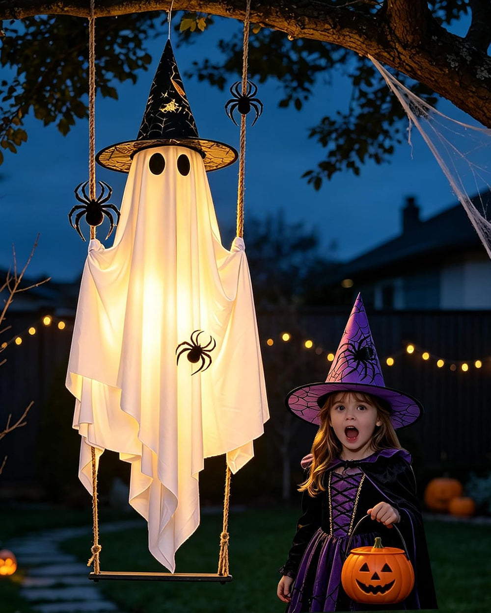 Swinging Ghost with 2PCS Hat & 12PCS Spider Halloween Decoration Outdoor