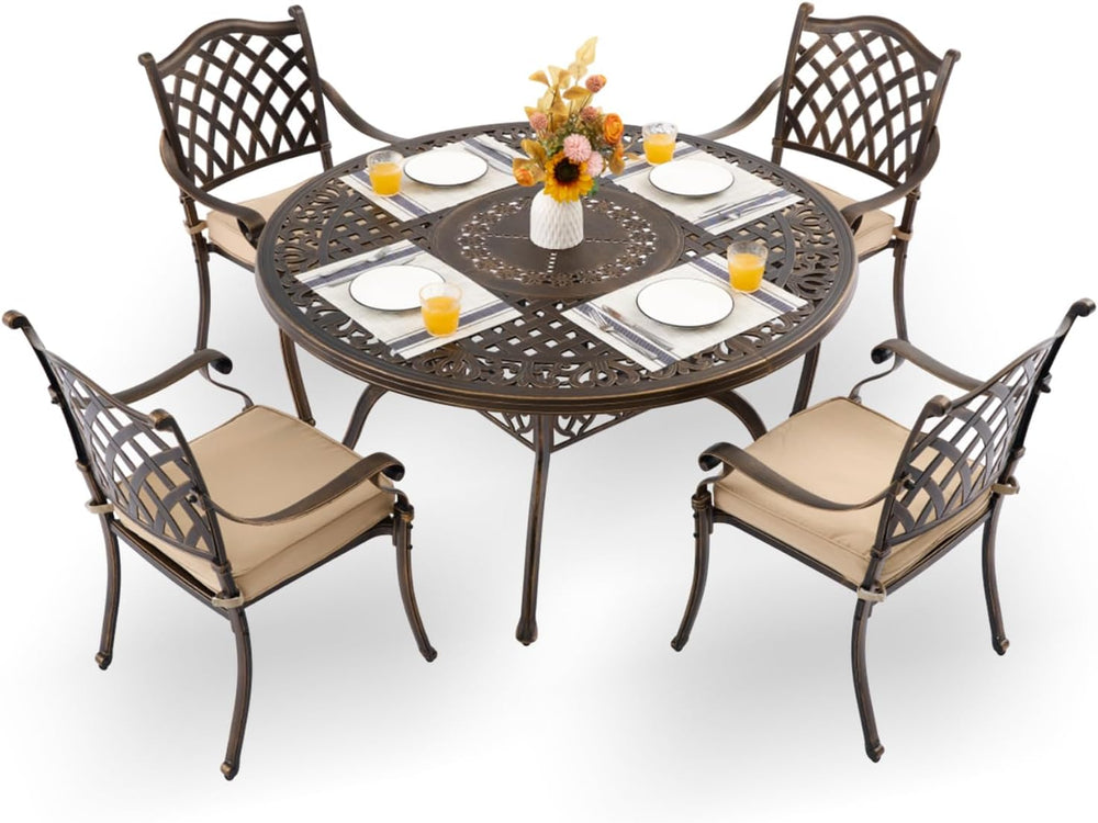 5-Pcs Cast Aluminum Patio Dining Set for 4, 54" Round Table,Bronze