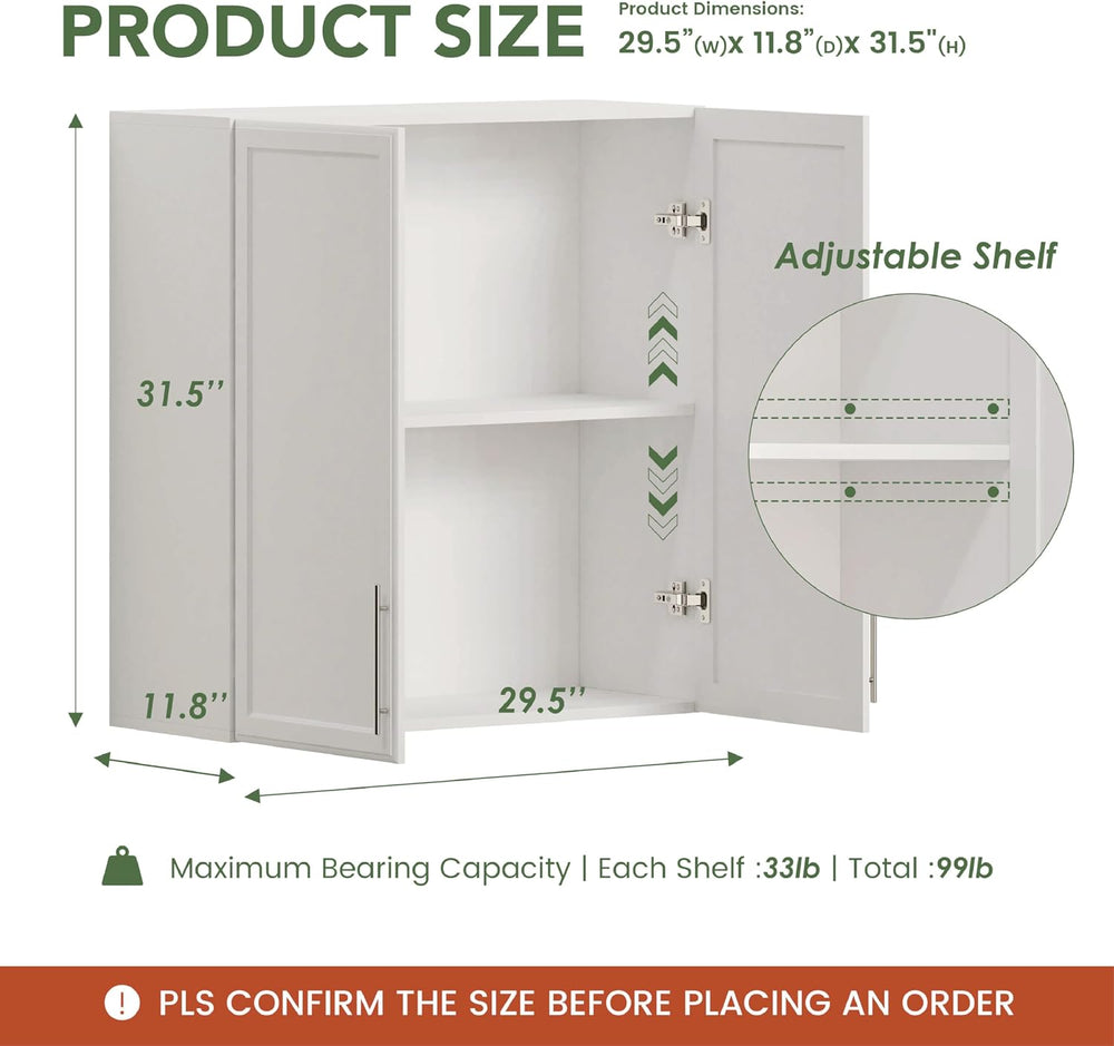 30" W White Wall cabinets for Laundry Room with Adjustable Shelf