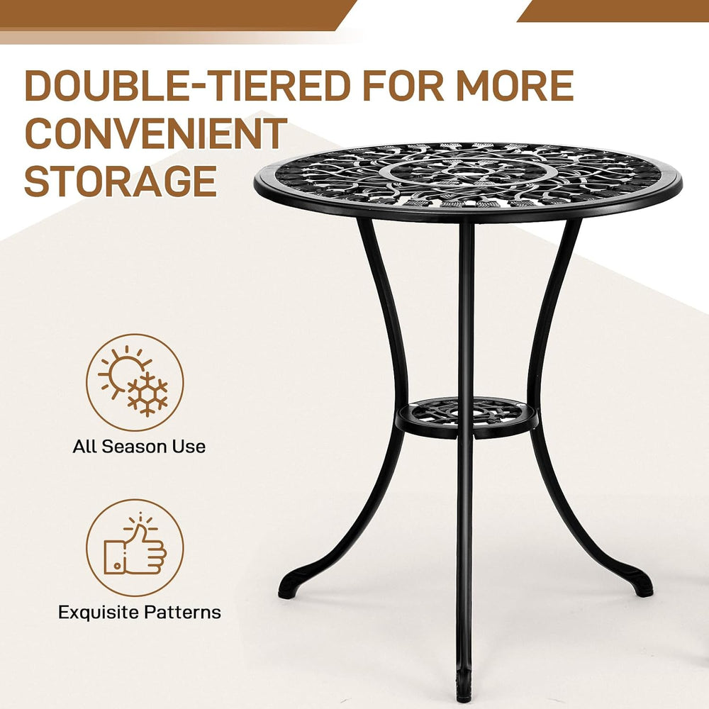 Outvita 3 Piece Cast Aluminum Bistro Set, Tulip Pattern Black