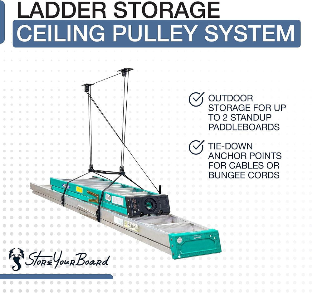 StoreYourBoard Ladder Storage Ceiling Pulley System, Garage Mount Hoist, Heav...