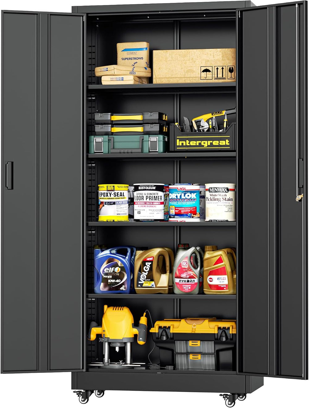Garage Cabinets with Wheels, 73" H Metal Locking Cabinet with 2 Doors an...