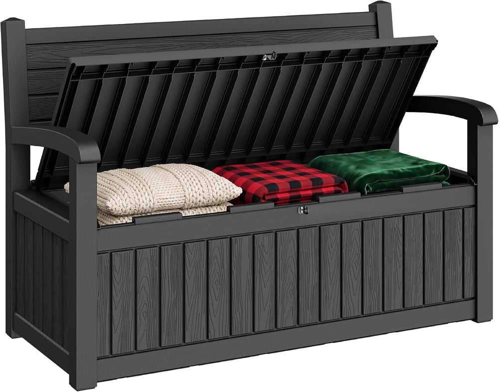 130 Gallon Lockable Deck Box, Black Outdoor Storage Box Bench