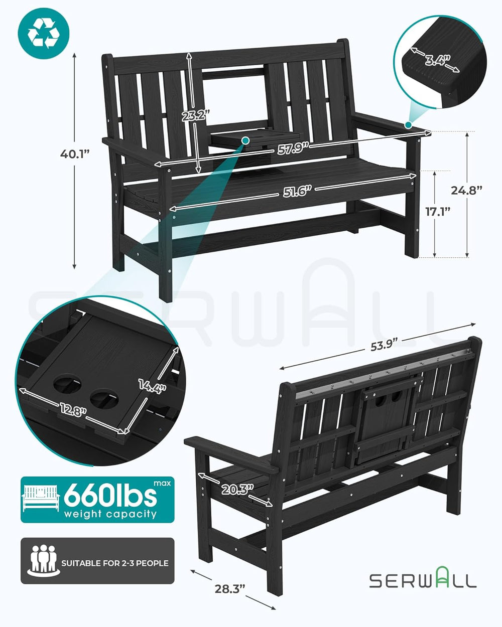 SERWALL HDPE Outdoor Bench with Cup Holder Oversized 58" Porch Bench, Black