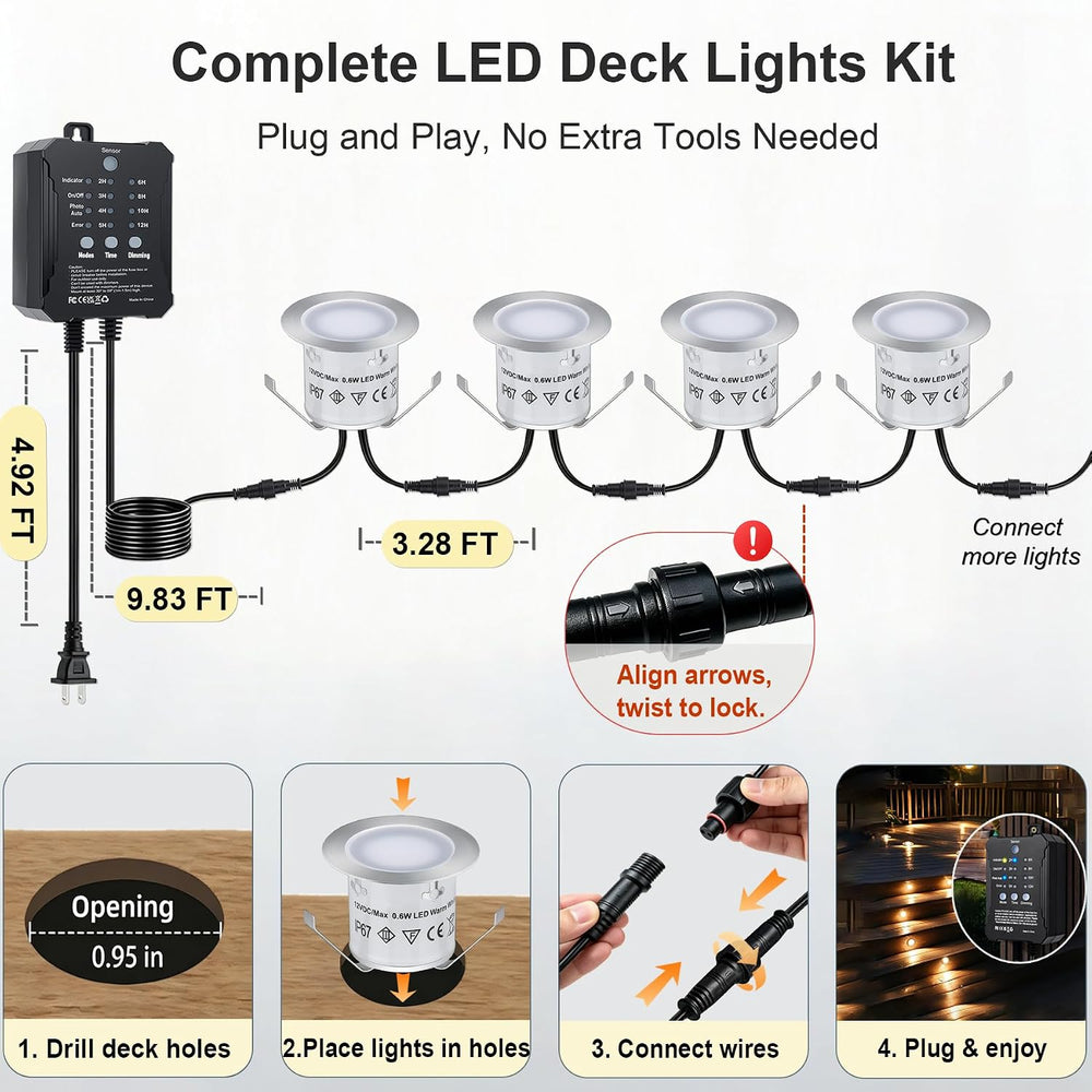 LED Deck Lights with Timer & Photocell, 36 Pack IP67 Waterproof Kit
