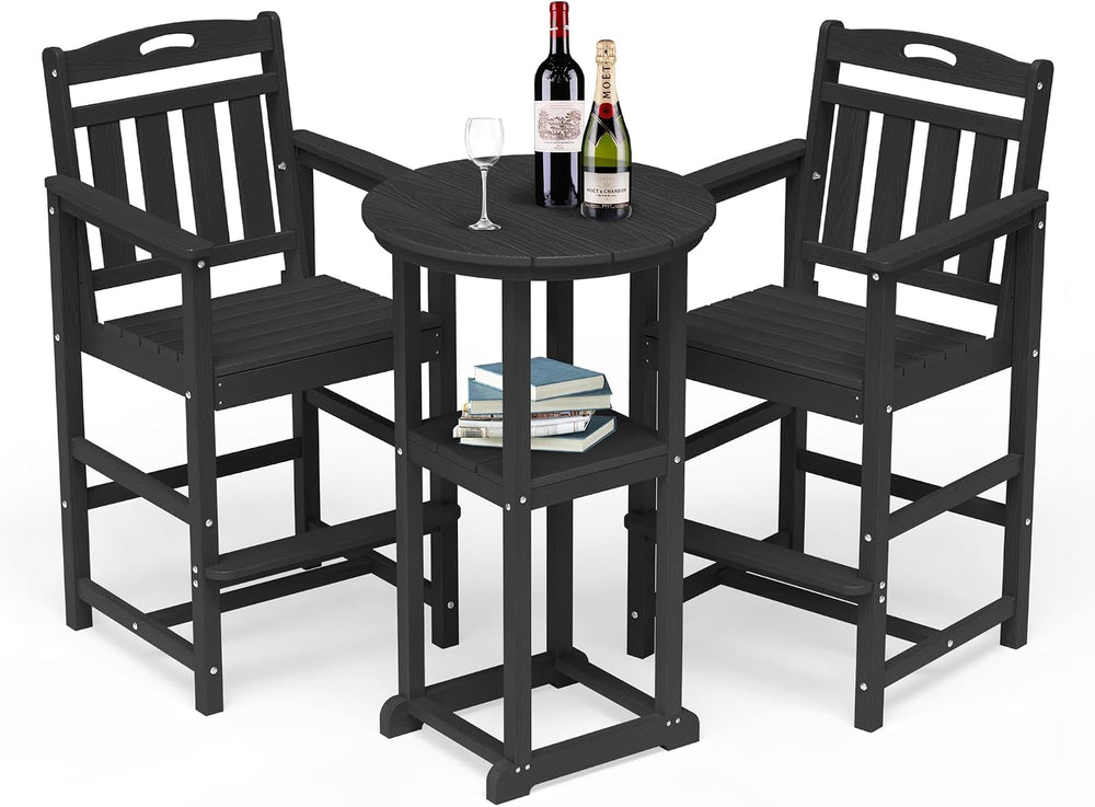 Outdoor Bistro Bar Set, Patio High Top Table and Bar Height Tall Adirondack C...