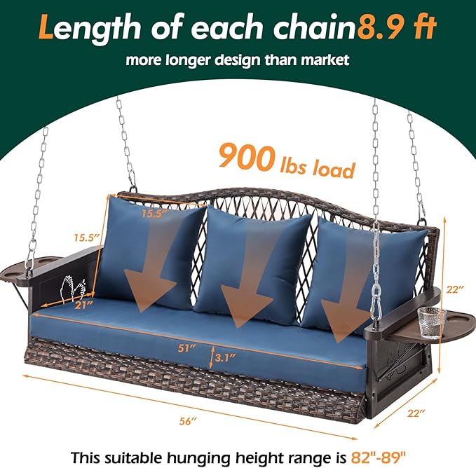 Upgraded Wicker Hanging Porch Swing Heavy Duty 900 LBS 3-Seat Outdoor Patio S...