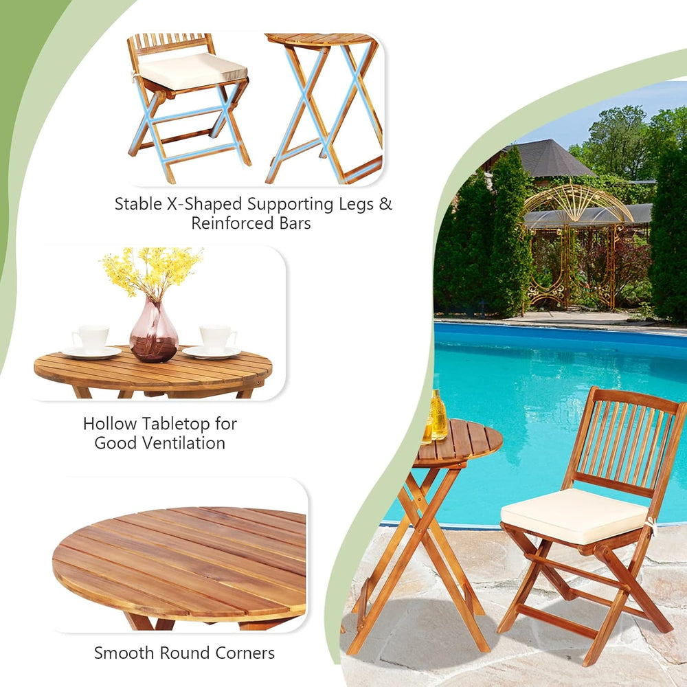 FANTASK 3 Pieces Folding Acacia Wood Bistro Set, Patio Furniture Set with Cus...