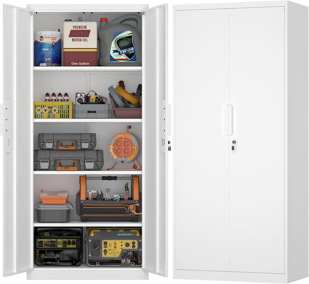 White Metal Storage Cabinet with Doors and Shelves, 71" Tall Metal Garag...