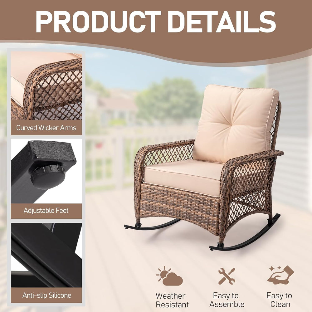 Wicker Rocking Chair, Rattan Patio Rocker with Cushion, Beige