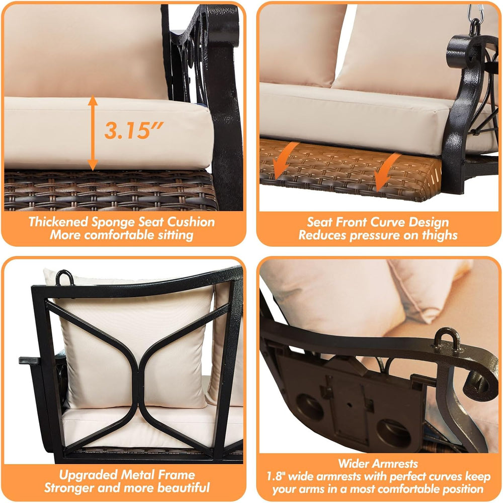 ZZW 3-Person Wicker Porch Swing Chair Heavy Duty 900 LBS Outdoor Rattan Patio...