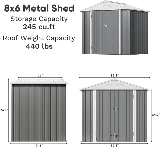 Greesum 8×6FT Outdoor Storage Shed, Metal Patio Storaged Sheds with Lockable ...