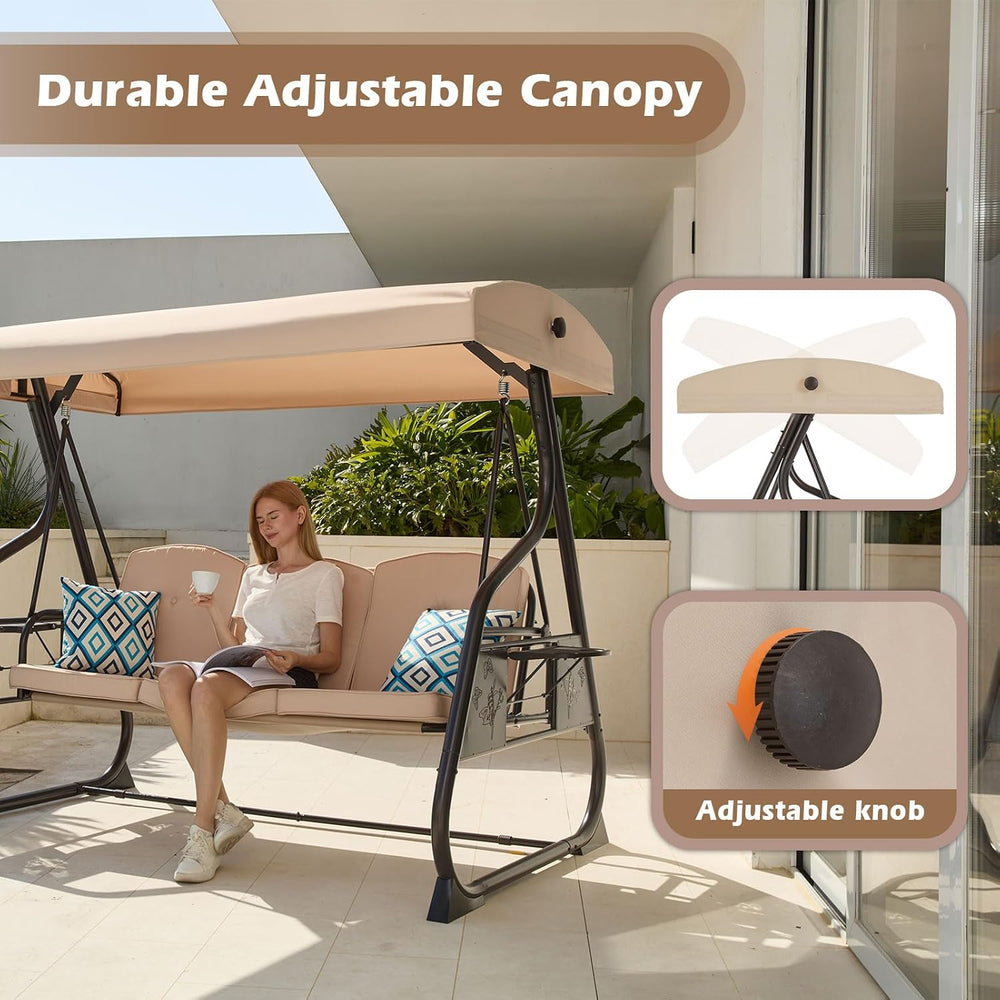 3-Seat Patio Porch Swing 800LBS Outdoor Swing with Stand w/Canopy & Adjus...
