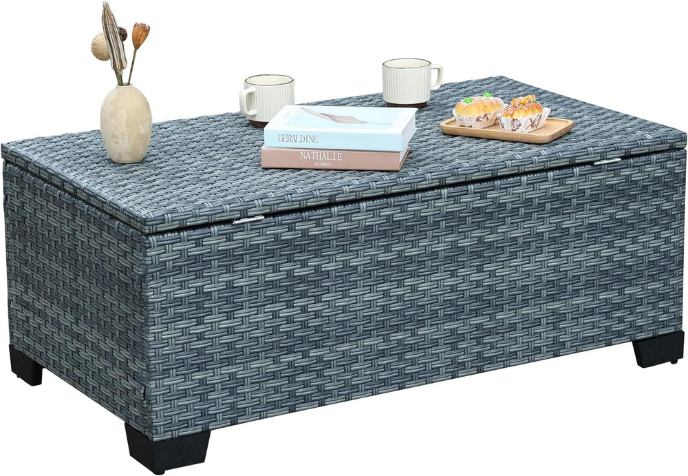 Outdoor Storage Table Wicker Patio Coffee Table All-Weather Rattan Side Table...