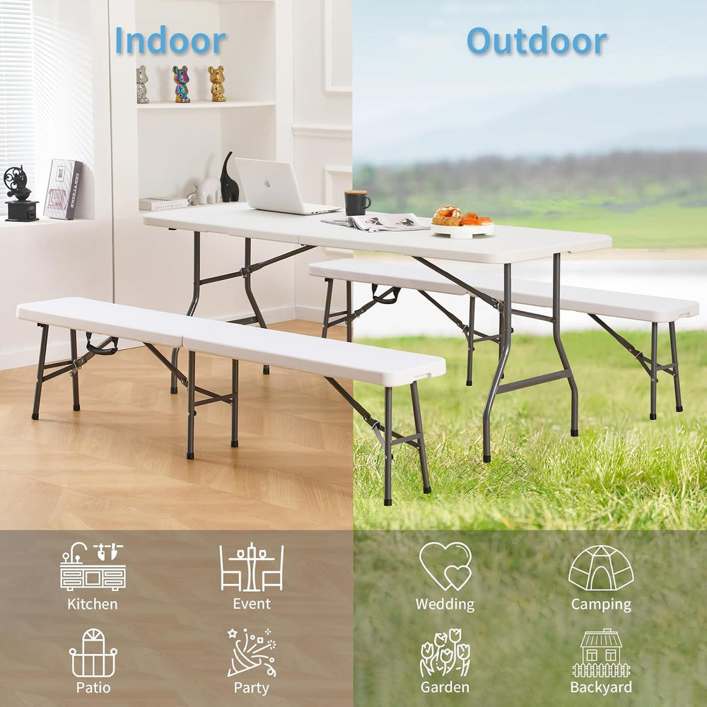 KAIHAOWIN 6FT Plastic Folding Bench White with Carrying Handle Indoor/Outdoor...