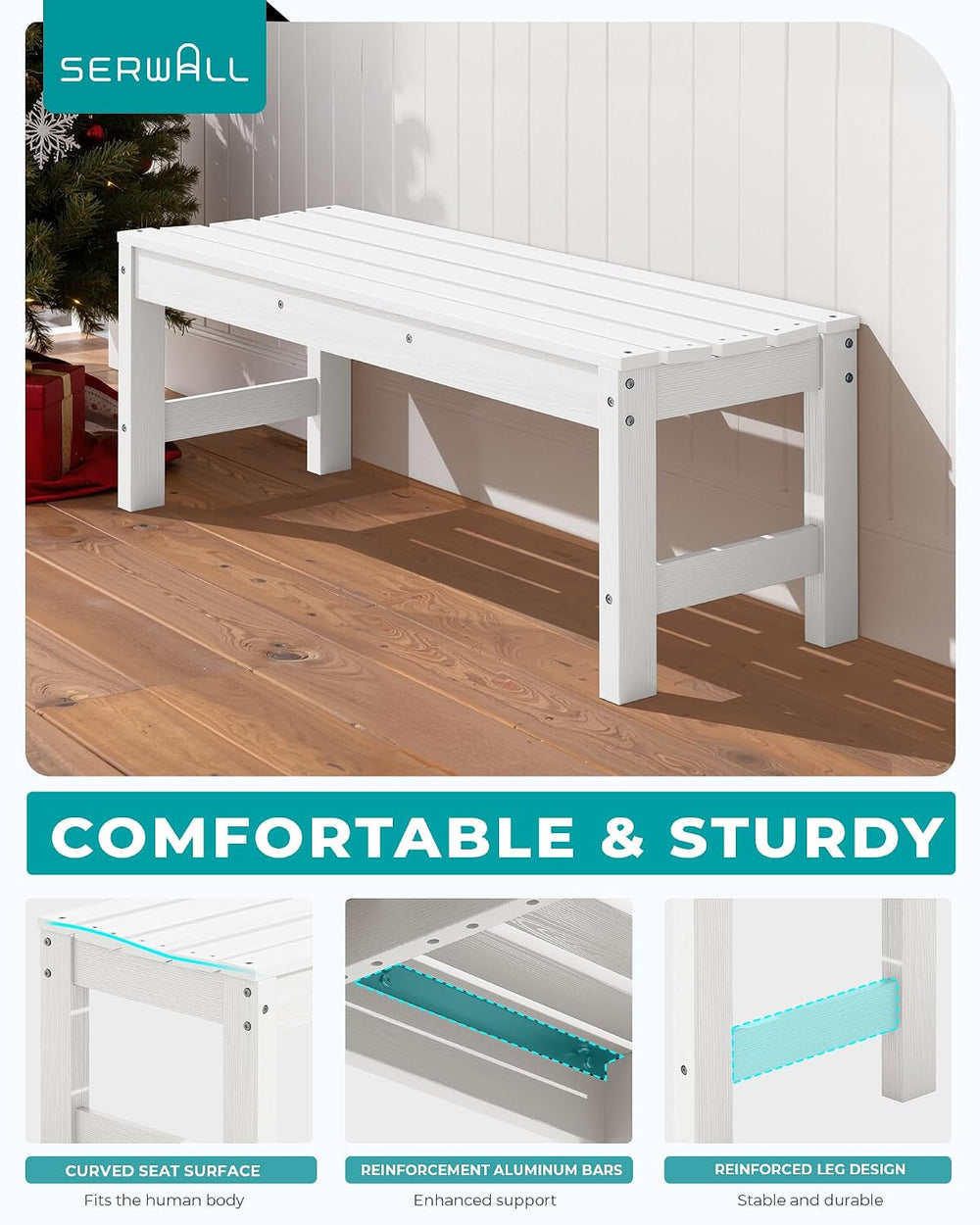 SERWALL 47 Inches Backless Outdoor Bench for 2-Person, White, 2 Pack
