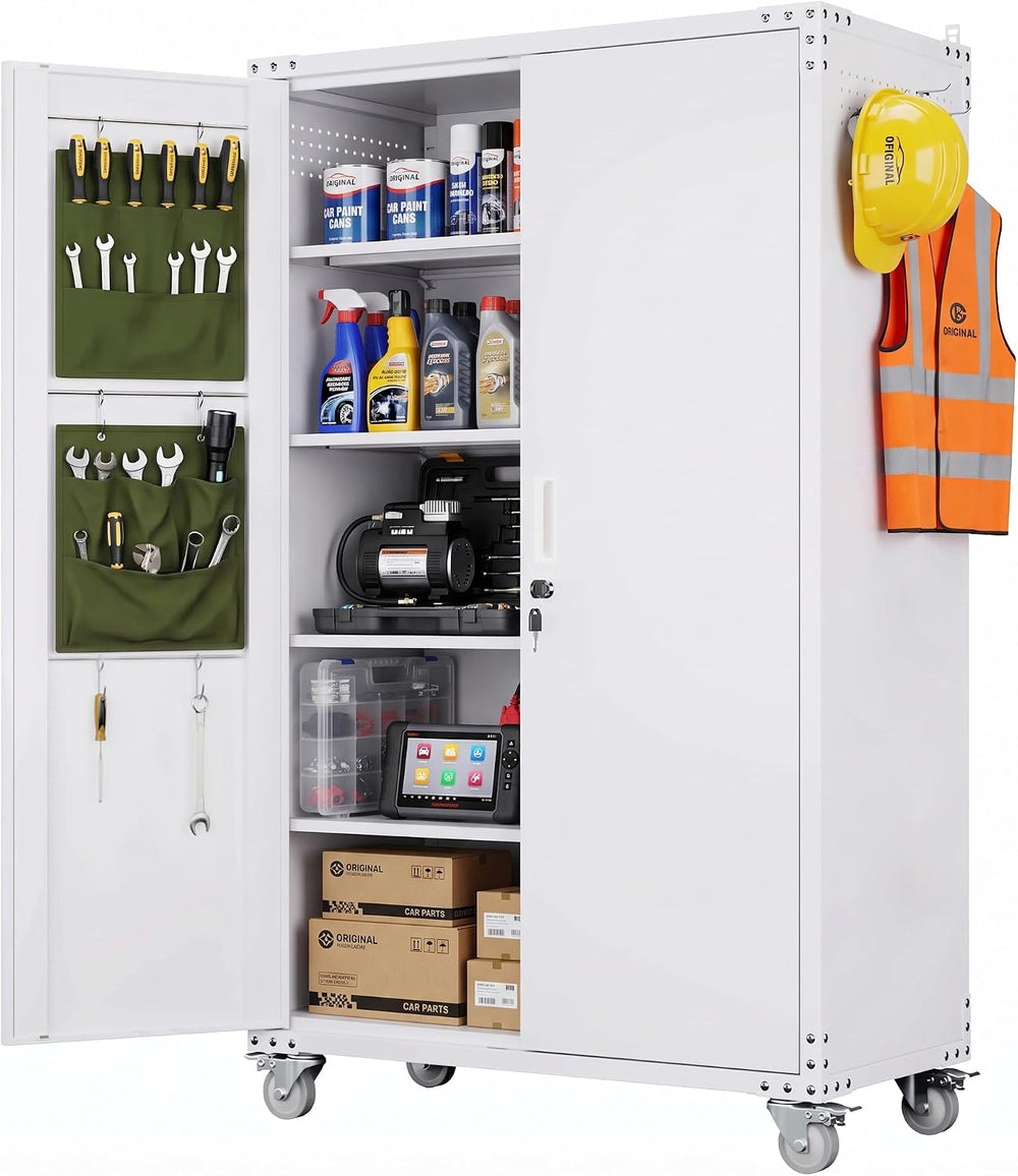 Extra Large Garage Storage Cabinet on Wheels, Metal Storage Cabinet with 4 Sh...