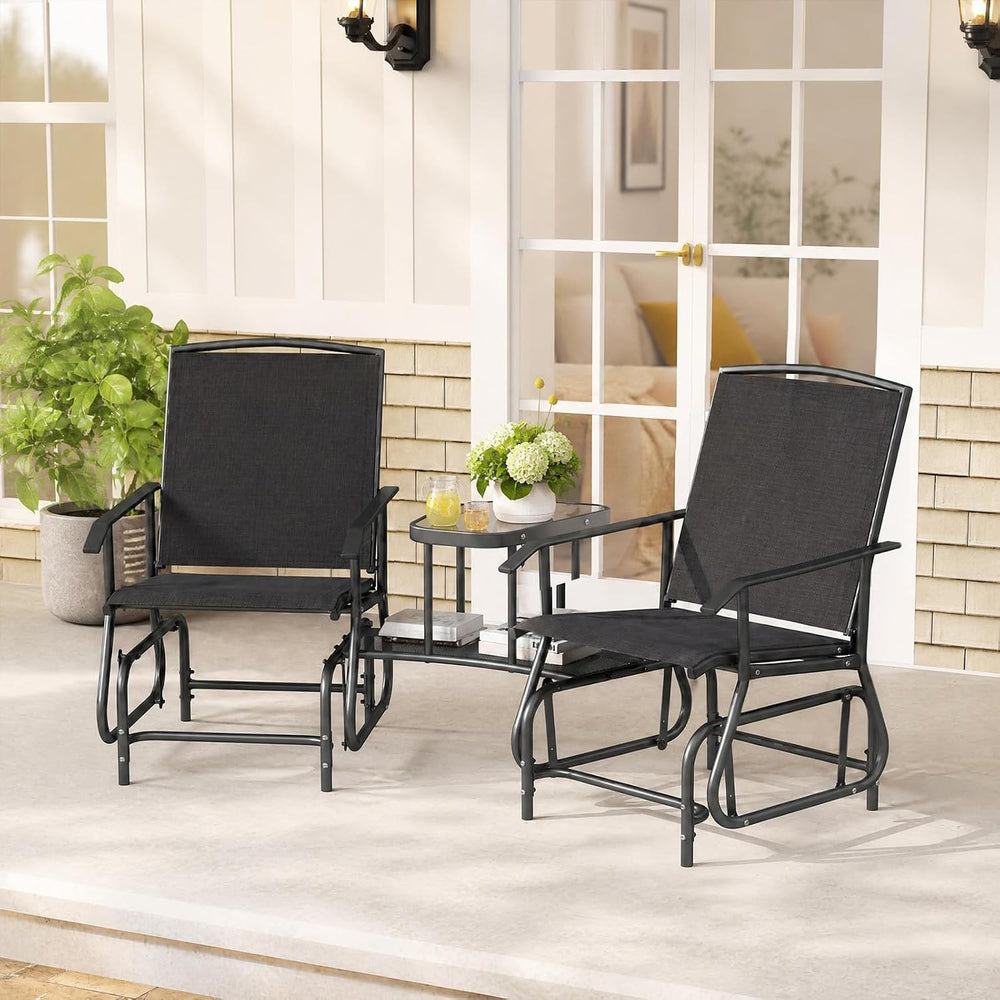 GIANTEX Outdoor Glider Chairs with 2-Tier Center Table, 2-Person Loveseat