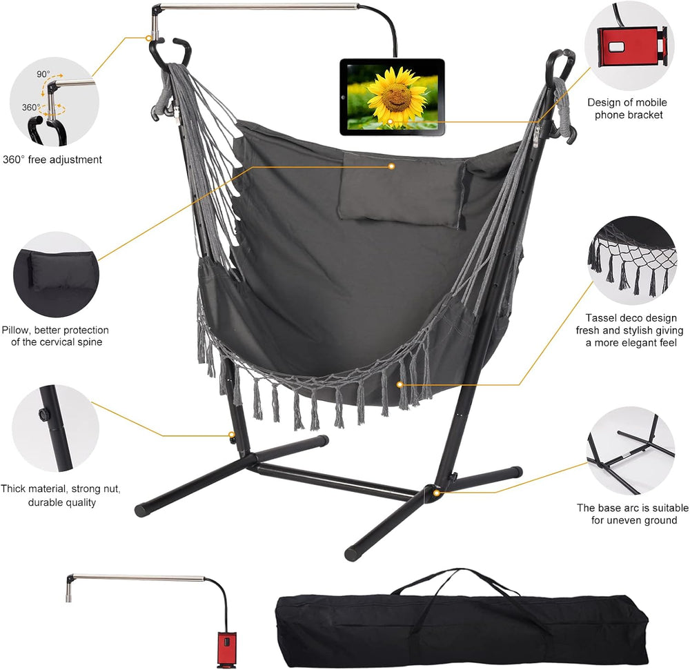 Hammock with Stand Phone Holder Included Double Hanging Chair Macrame Boho Ha...