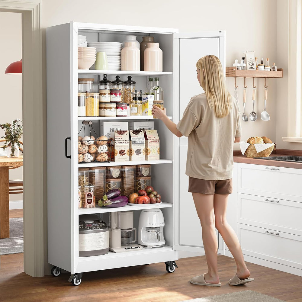 Yizosh 75" White Metal Pantry Cabinets,Garage Storage Cabinet with Wheels