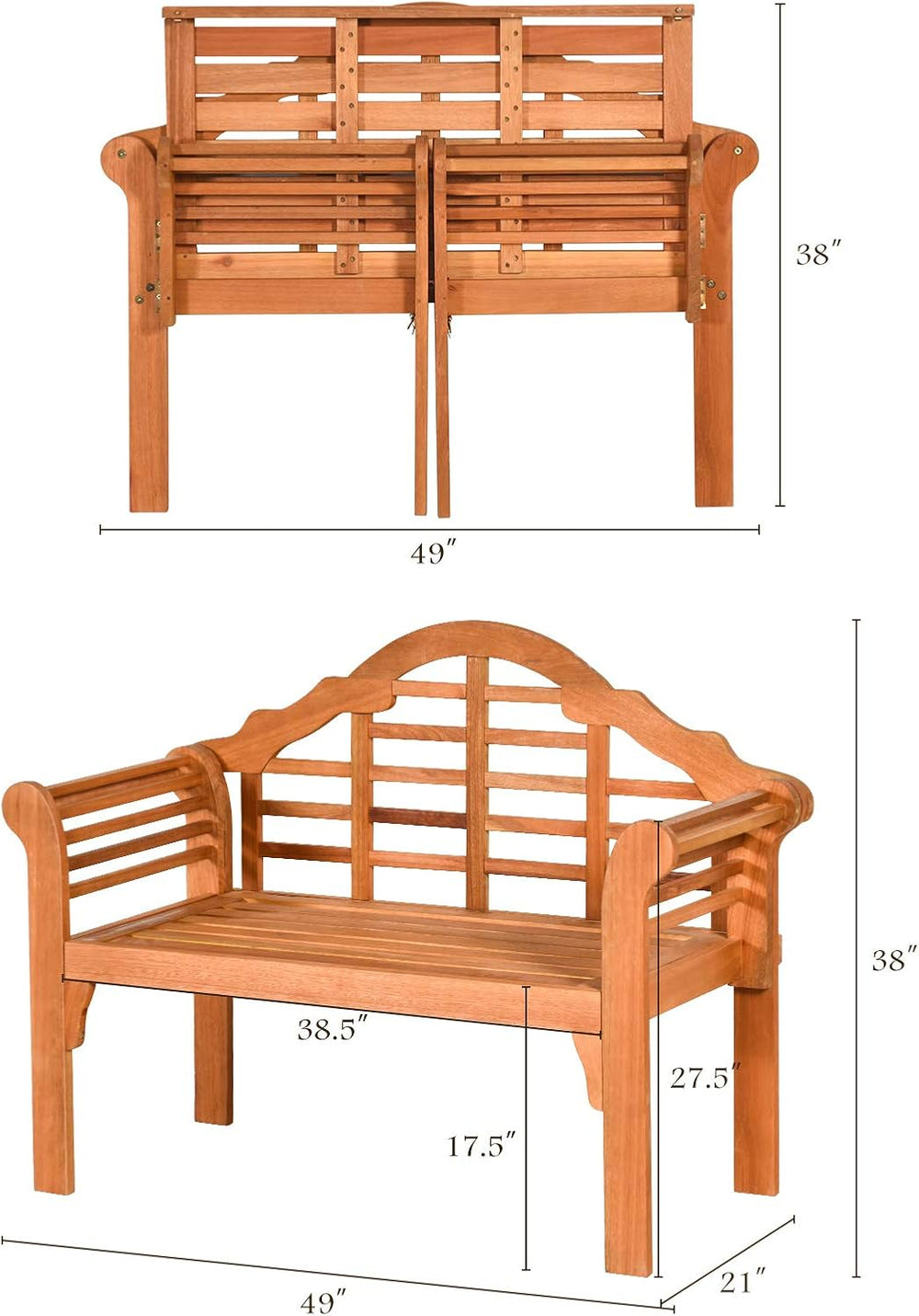 Classic Patio Loveseat Bench, Eucalyptus Wood, 4 FT, 2-Person, Foldable, Outd...