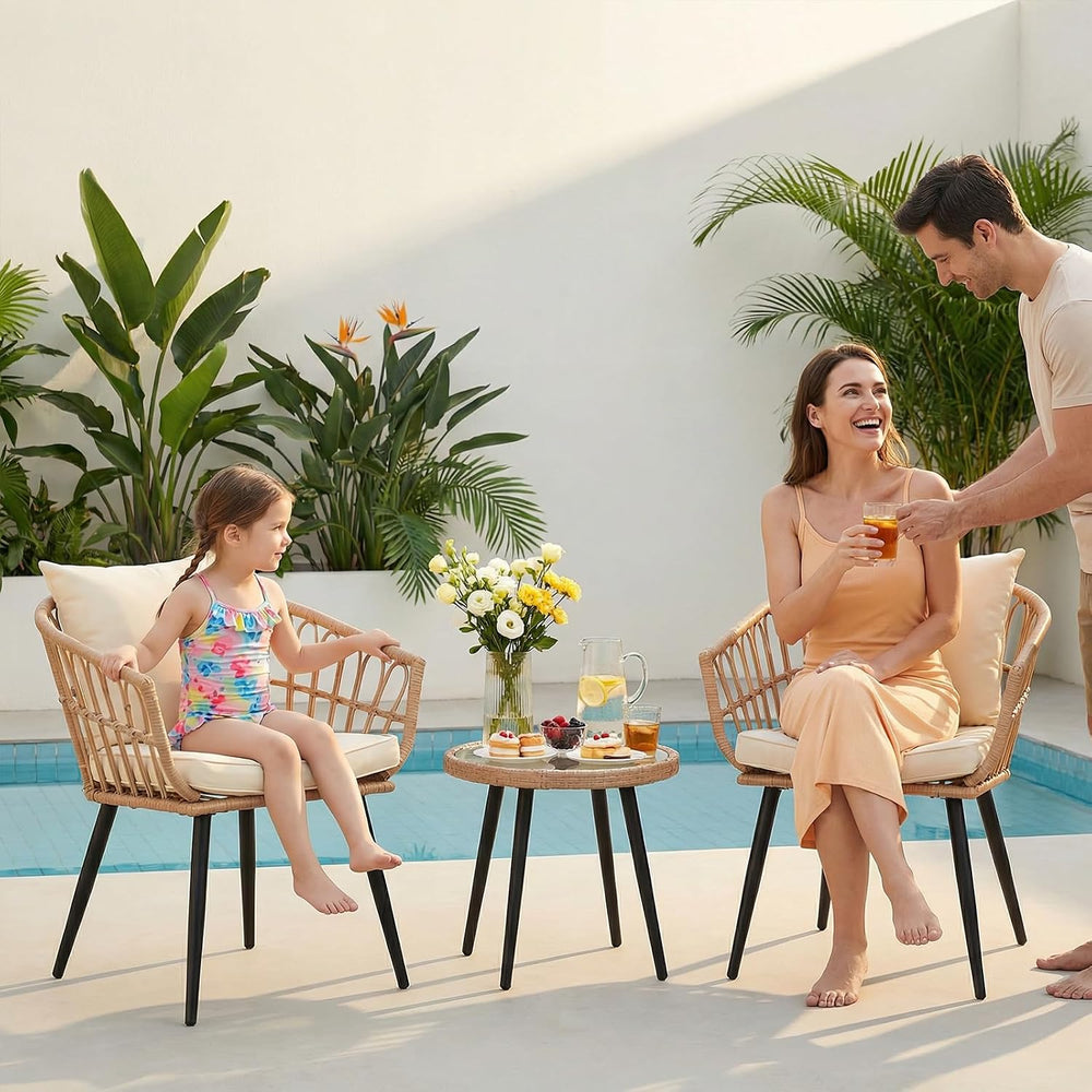 3-Piece Patio Dining Set, Featuring a Round PE Rattan Table and 2 Chairs, Sui...