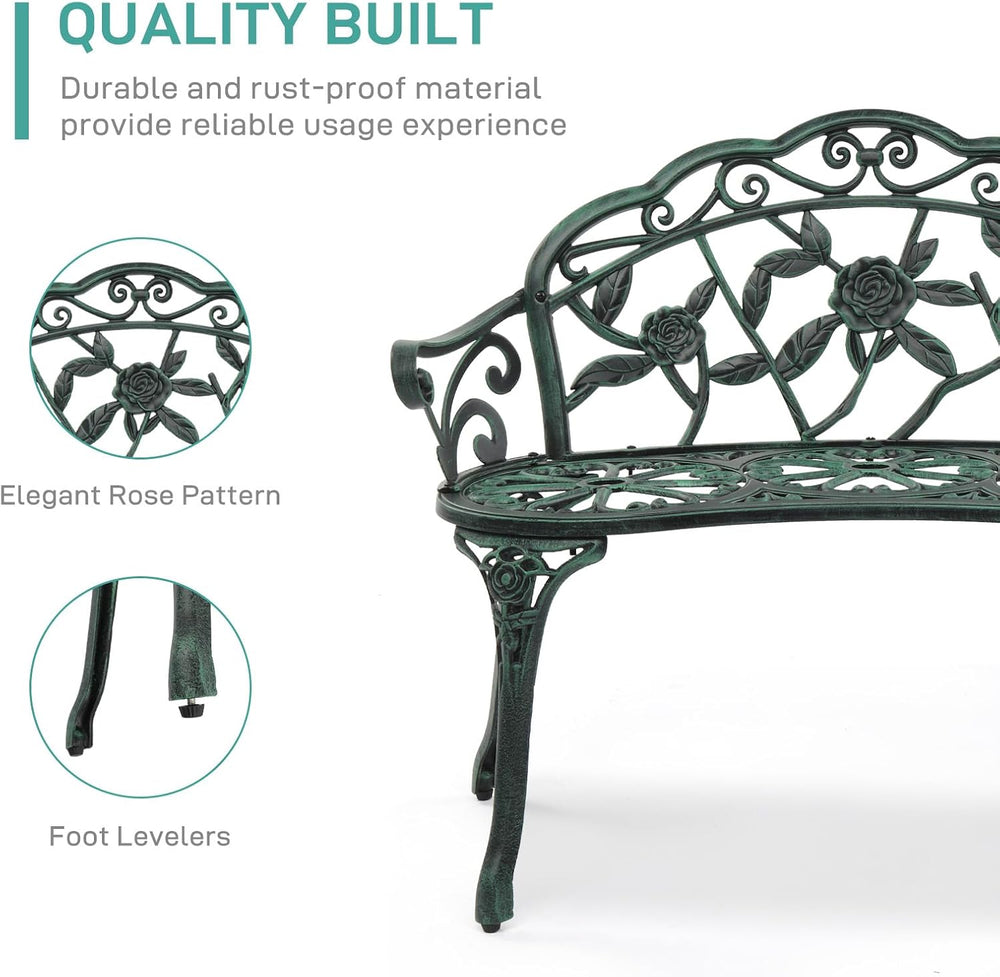VINGLI 38.5" Patio Park Garden Outdoor Metal Rose Bench, 2-Person Cast I...