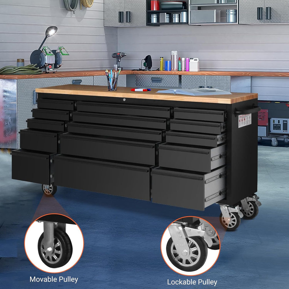 72" Heavy-Duty Rolling Tool Chest & Garage Workbench with 15 Drawers...
