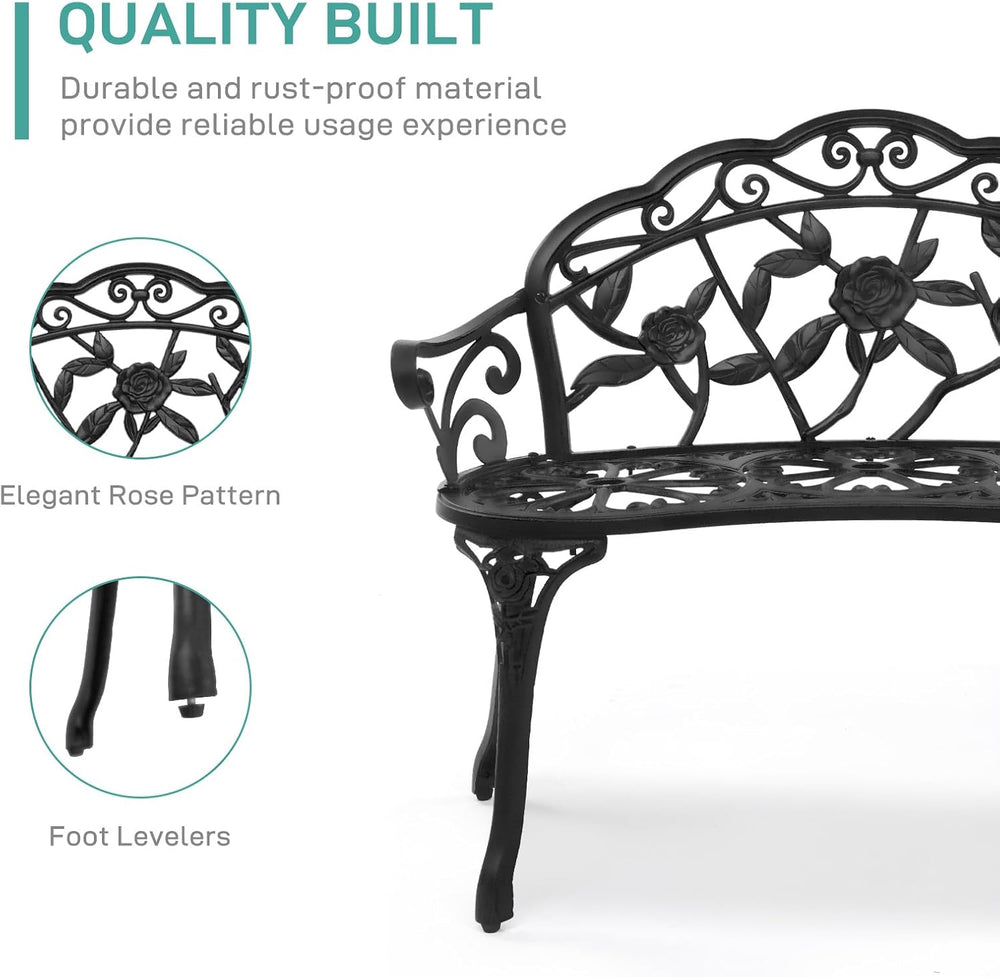 Patio Garden Bench, 38" Cast Aluminum Outdoor Chair Anti-Rust Weather Re...