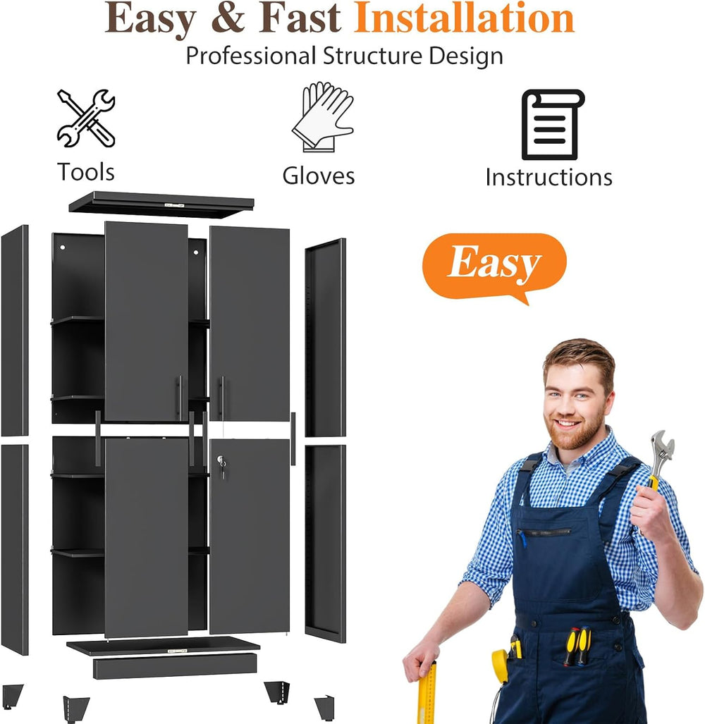 Metal Pantry Cabinets, 71" H Lockable Steel Storage Cabinet with 2 Doors