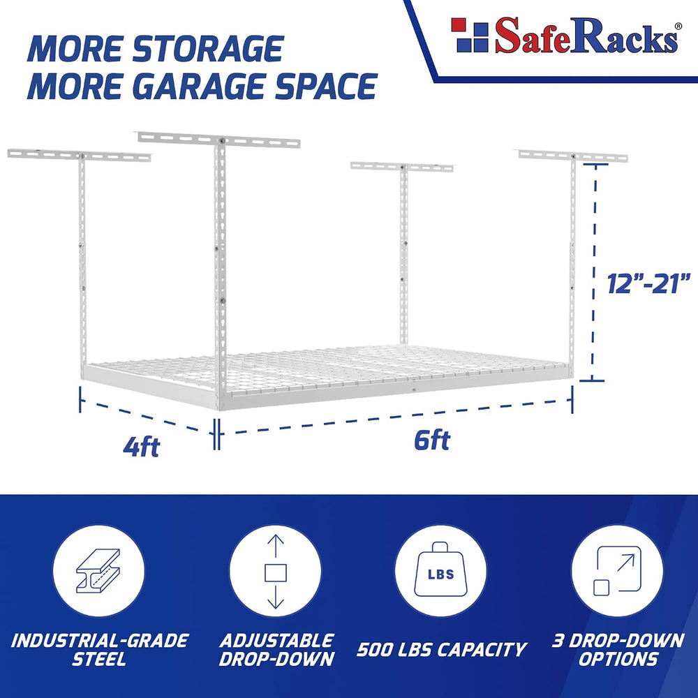 SafeRacks 4x6 Overhead Garage Storage Rack, 500 lb, 24"-45" Drop, W...