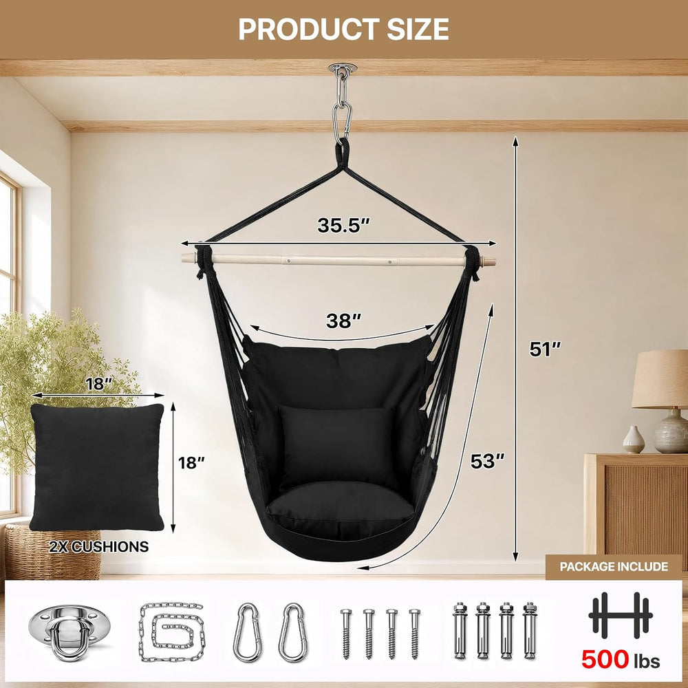 Athena Collection Hammock Chair Hanging Rope Swing, Black