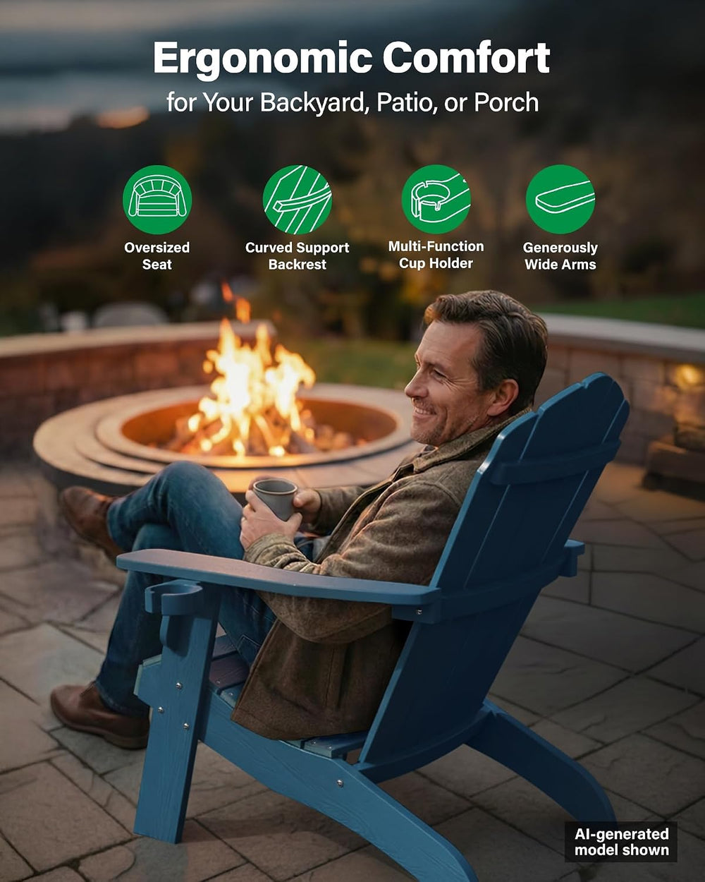 YEFU Oversized Adirondack Chair with Cup-Holder- Navy Blue