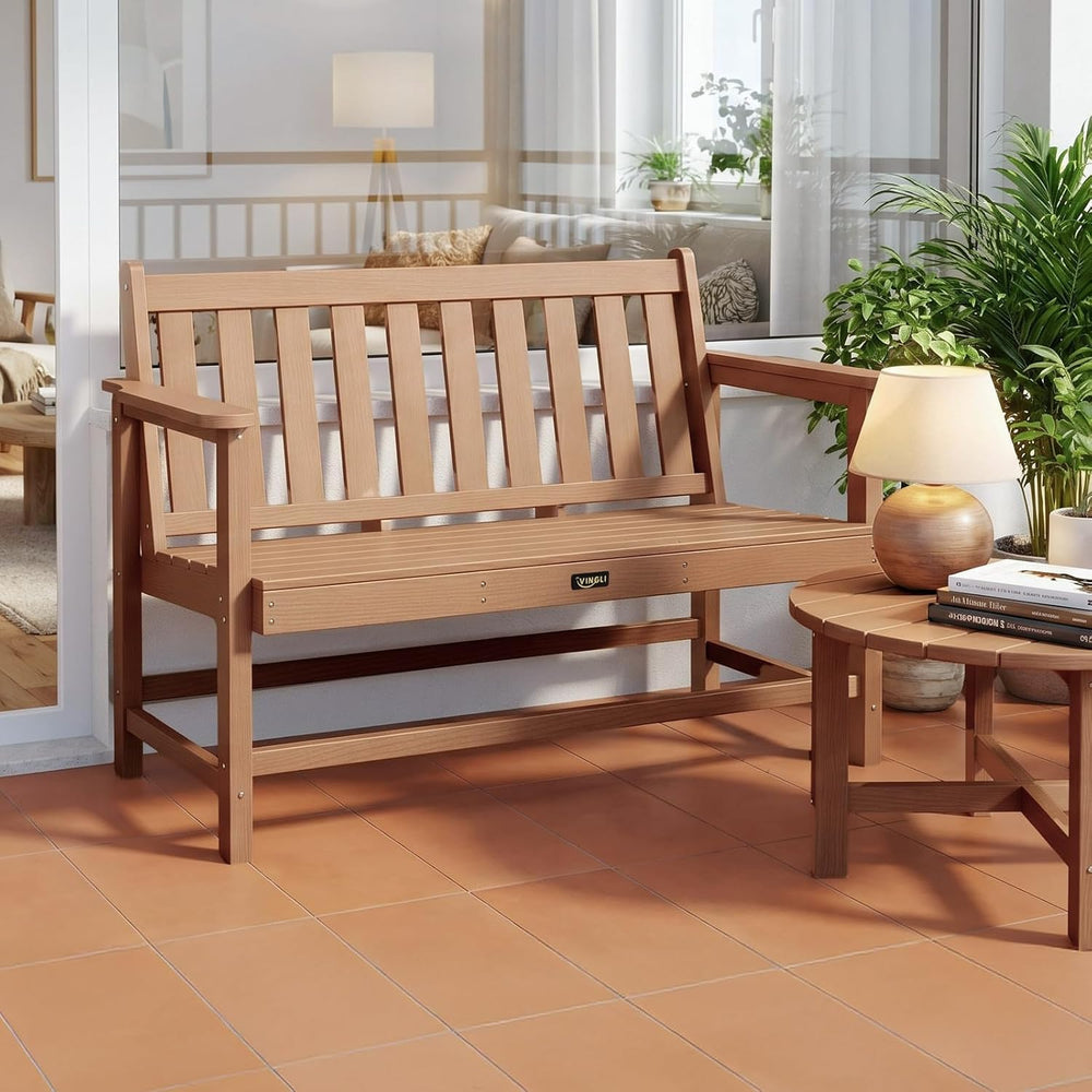 VINGLI 49in HDPE Outdoor Bench with Backrest and Armrests, 2-Person Weatherpr...