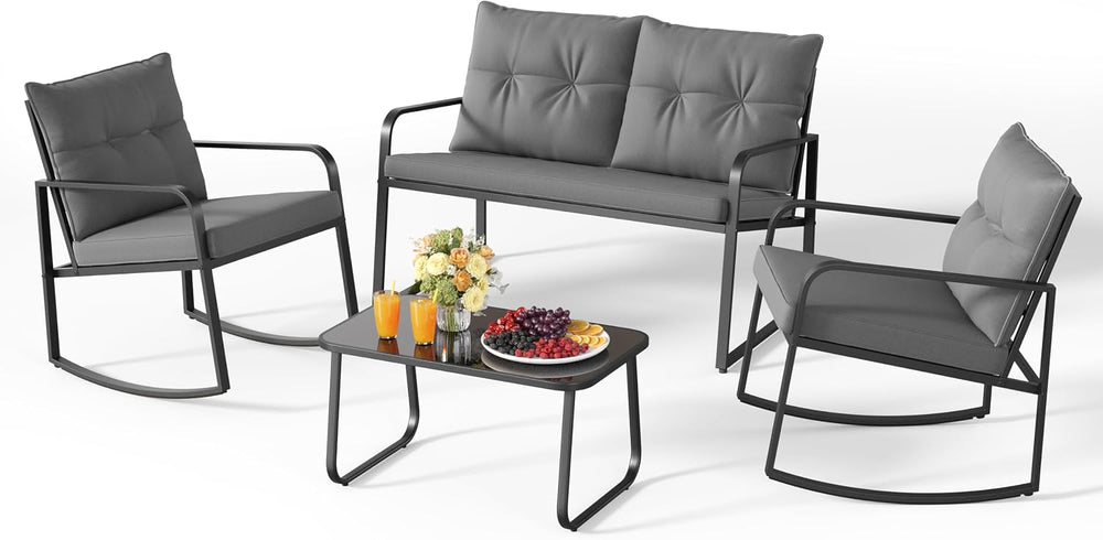 Gizoon 4 Piece Outdoor Rocking Conversation Set, Cushion-Grey