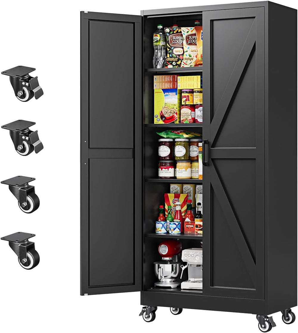 Letaya Metal Garage Storage Cabinets with Wheels,71”H Black Kitchen Pantry