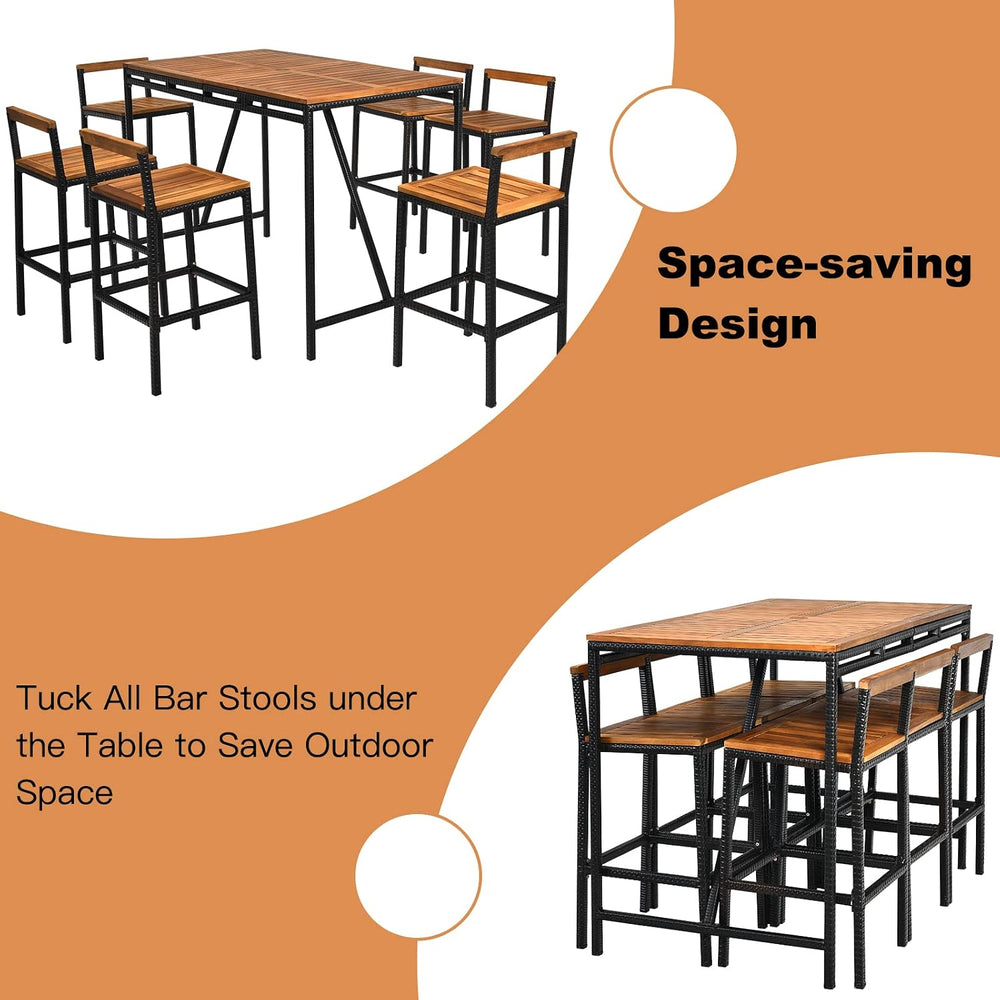HAPPYGRILL 7 Piece Patio Bar Table Set with Umbrella Hole Acacia Wood High-Di...