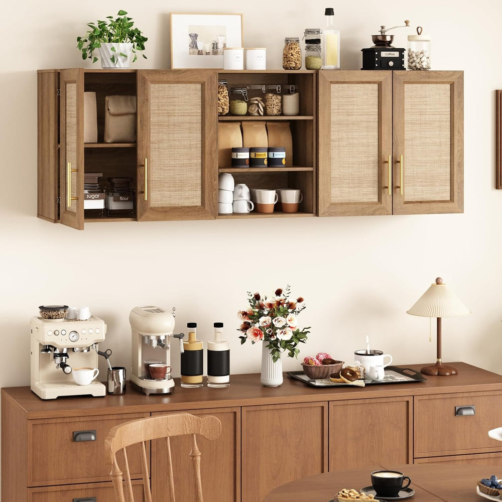 RUSTOWN 63.2" Rattan Laundry Room Cabinets, Large Wall Cabinet for Kitchen