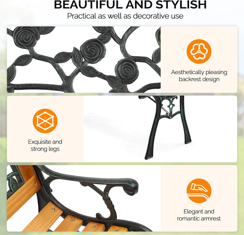 VINGLI Outdoor Bench, Weather Resistant Cast Iron Frame＆Teak Wood Seat w/PVC ...