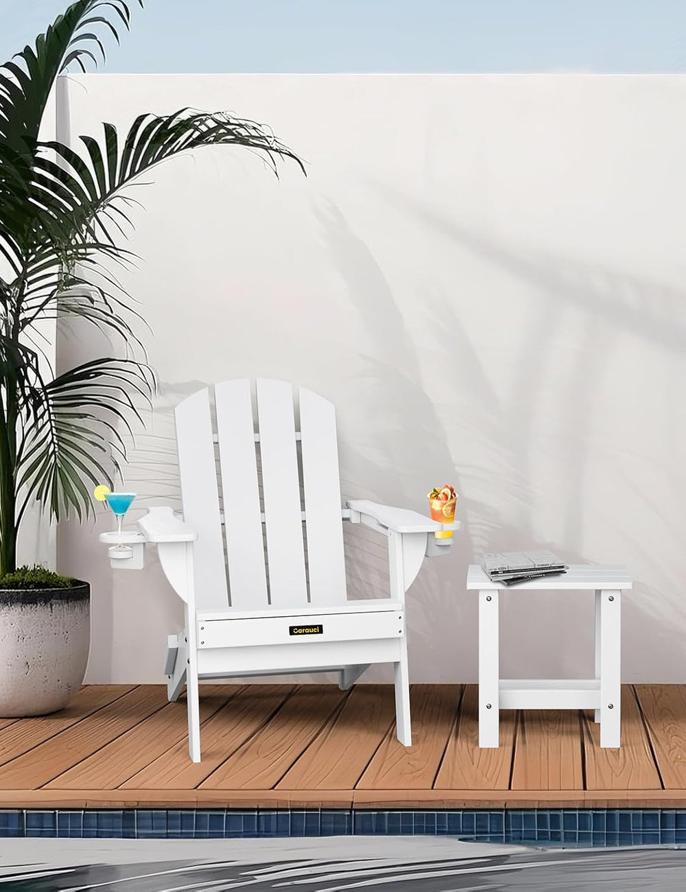 Folding Adirondack Chair, Wooden Textured Plastic Adirondack Chairs with 2 Cu...