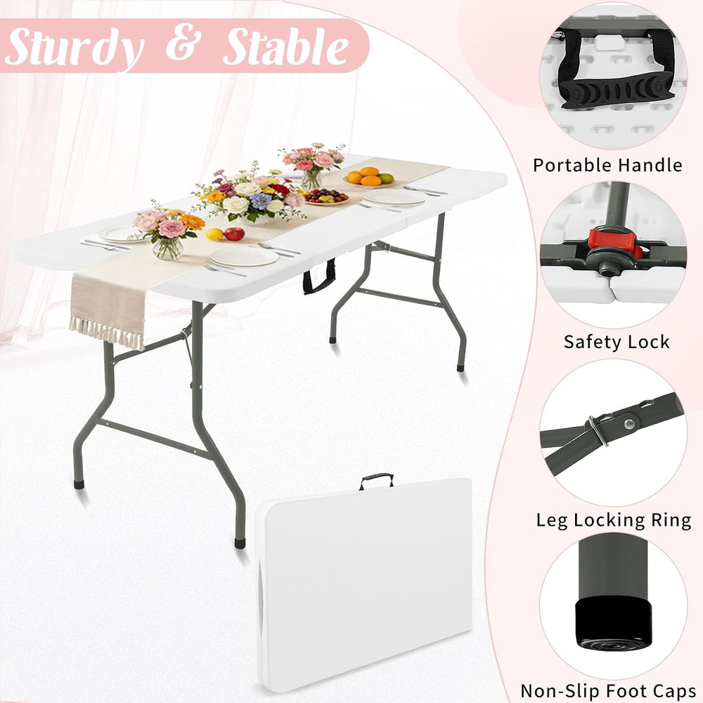 Fivenl 2 Pack 6 Feet Portable Folding Table White, Steel Legs Fold-in-Half wi...