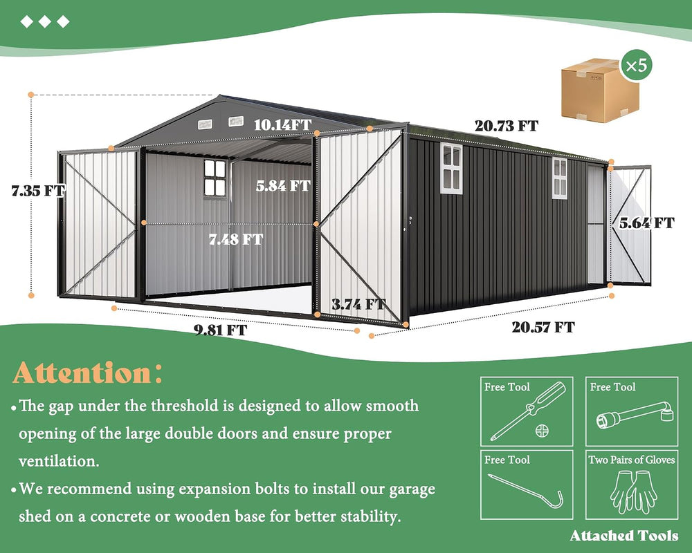 AMERLIFE 10x21x7.3 FT Metal Garage Shed with Double Hinged Doors, 4 Windows