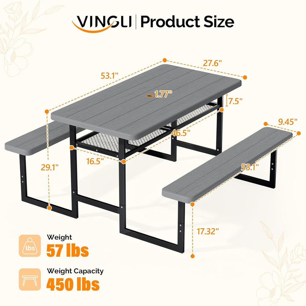 VINGLI 4.5FT Outdoor Picnic Table with Storage Shelf & Umbrella Hole, All...