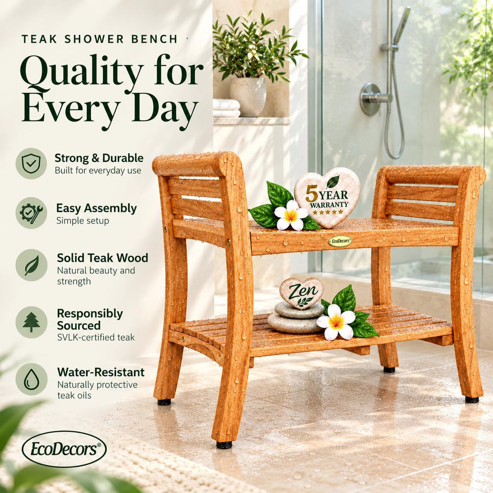 EcoDecors Symmetry 30-Inch Teak Shower Bench, Natural Finish