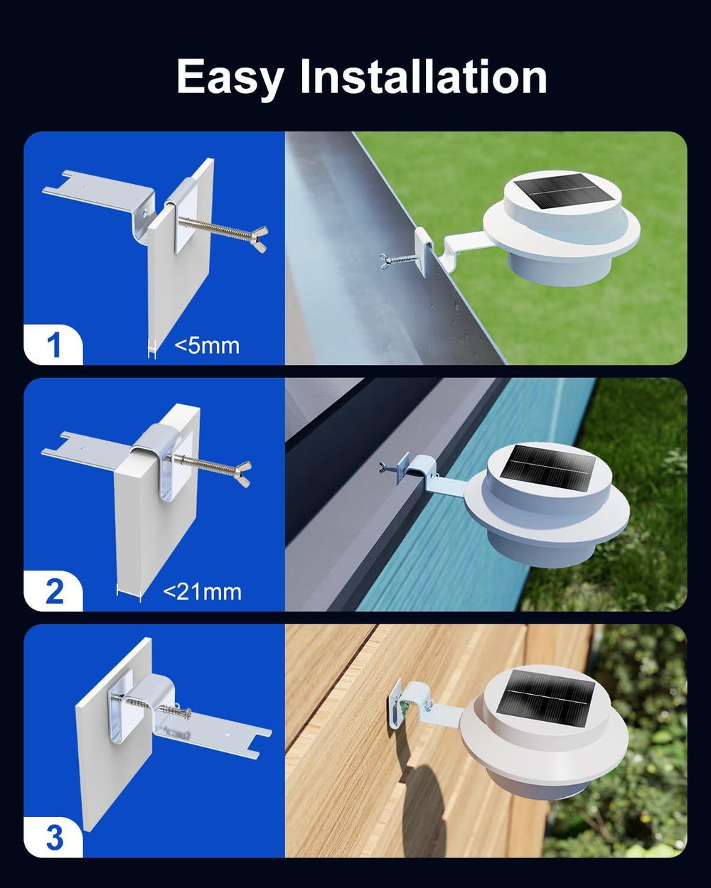 FALOVE 4 Pack Cool White Bright Solar Powered Gutter Mounted Lights Outdoor