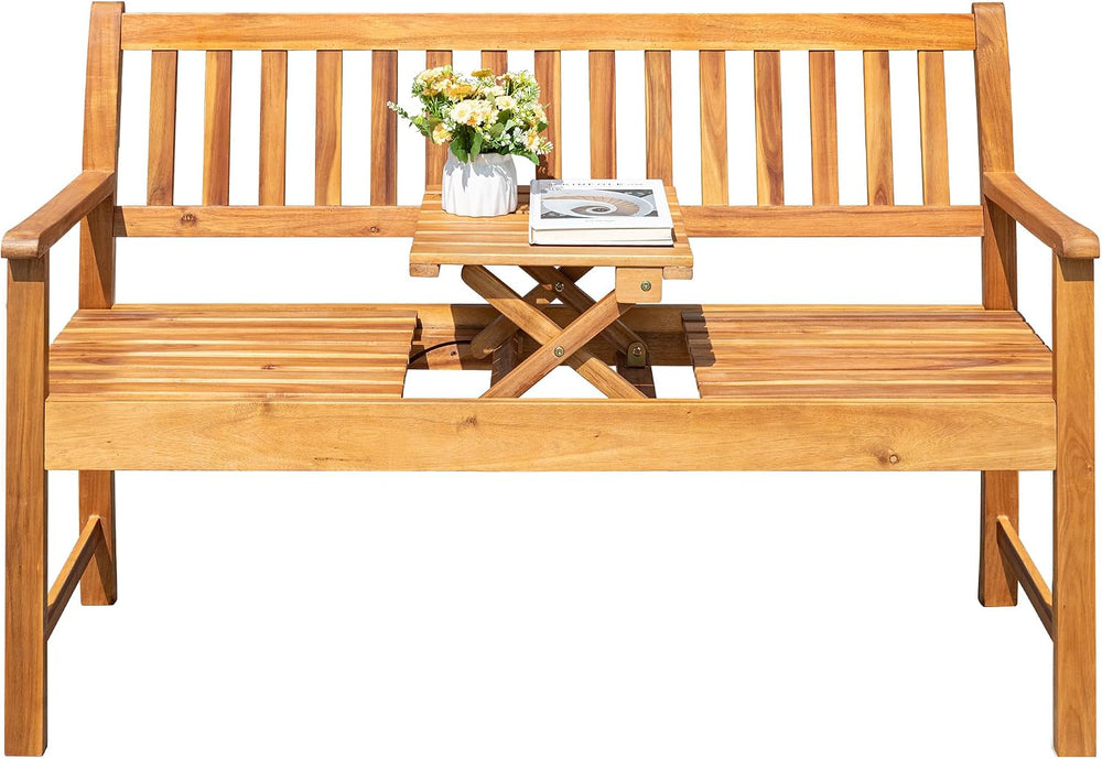 Greesum Patio Loveseat Acacia Furniture Conversation Set w/Foldable Small Tab...