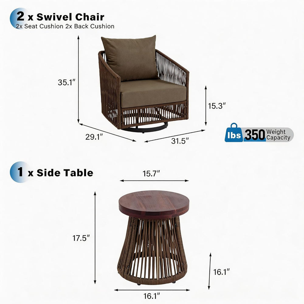 3 Pieces Outdoor Swivel Chairs Wicker Patio Bistro Set with Coffee Table